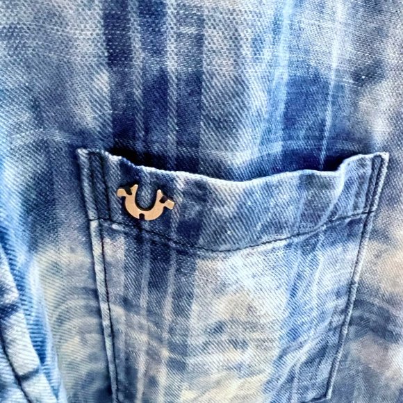 True Religion Tie Dye Blue Plaid Short Sleeve Button Up Shirt - Picture 4 of 4